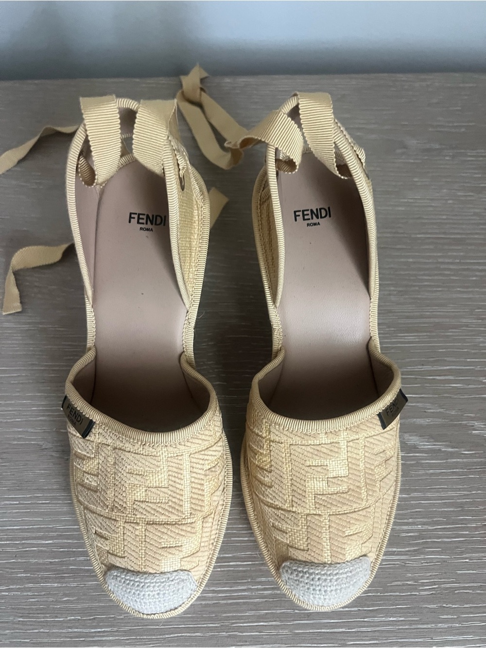 Fendi Cream Espadrille Wedge Tie-Up Sandals